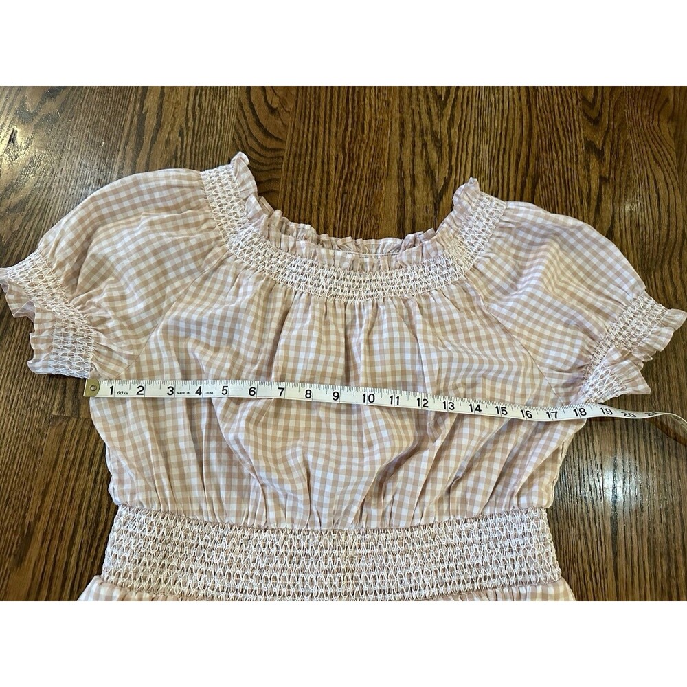 J.Crew Smocked 100% Cotton Puff-Sleeve Lined Poplin Dress Tan White Gingham Sz M - Picture 15 of 16